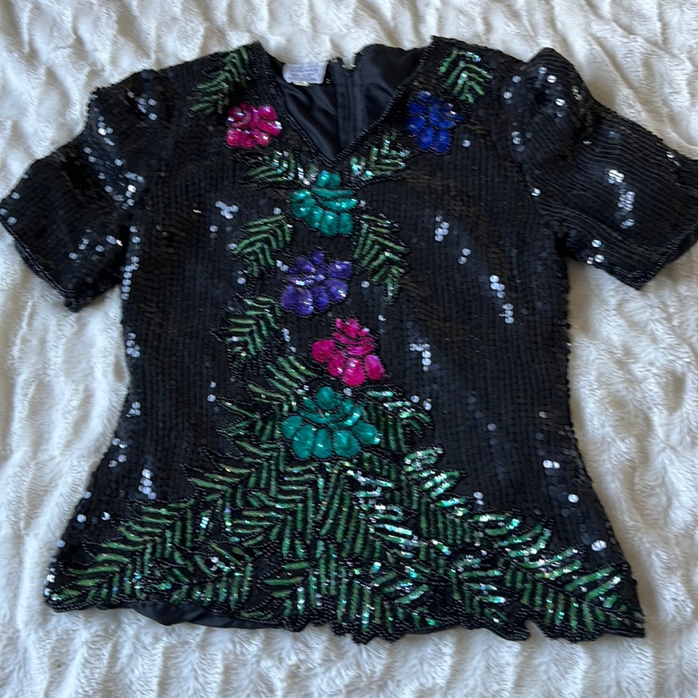 Vintage Stenay Floral SequinFully Beaded Short Sleeves V-Neck Silk  Blouse Sz M